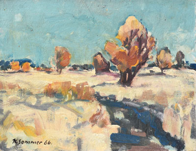  Konrad Sommer, Moosbach im Winter,  1966, Öl auf Karton, 23,7 x 30,6 cm 