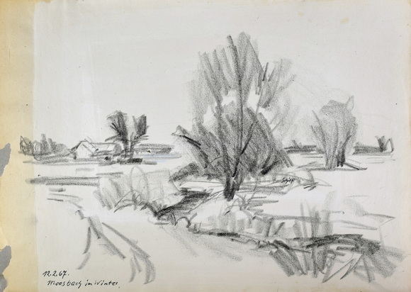  Konrad Sommer,  Moosbach im Winter, 12.2.1967, Tusche, Feder, Kohle auf Papier, 29,7 x 42,0 cm, bez. u.l.: 12.2.67 Moosbach im Winter 