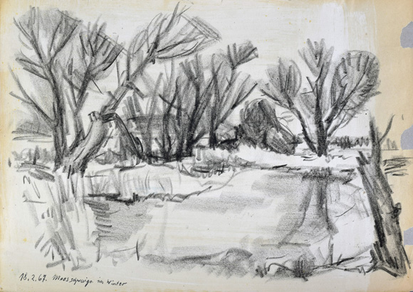 Konrad Sommer, Moosschwaige im Winter, 18.2.1967, Kohle, Tusche und Feder auf Papier, 29,7x 42,0 cm, bez. u.l.:  18.2.67. Moosschwaige im Winter 