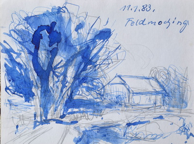 Konrad Sommer: Feldmoching, 11.1.1983, blaue Tinte, Bleistift auf Papier, 11,4 x 15,0 cm, bez.o.r.: 11.1.83.  Feldmoching 